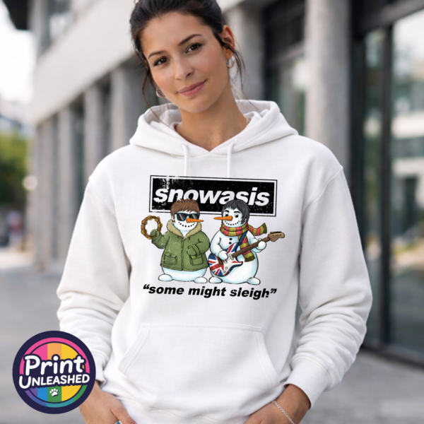 Snowasis hoodie model female Two musical snowmen with a tambourine and Union Jack guitar beneath Snowasis lettering and Some Might Sleigh wording, printed on a white unisex hoodie female model - Print Unleashed