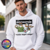 Two musical snowmen with a tambourine and Union Jack guitar beneath Snowasis lettering and Some Might Sleigh wording, printed on a white unisex hoodie male model - Print Unleashed