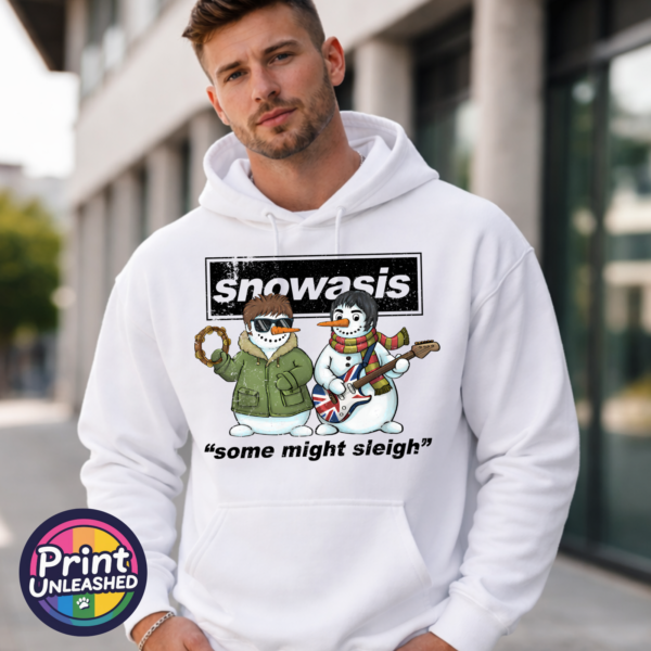Snowasis hoodie model male Two musical snowmen with a tambourine and Union Jack guitar beneath Snowasis lettering and Some Might Sleigh wording, printed on a white unisex hoodie male model - Print Unleashed