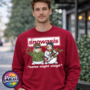 Two musical snowmen with a tambourine and Union Jack guitar beneath Snowasis lettering and Some Might Sleigh wording, printed on a unisex sweatshirt male model - Print Unleashed