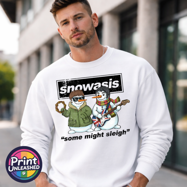 Snowasis sweat model male Snowasis Some Might Sleigh design featuring two snowmen with a tambourine and Union Jack guitar printed on a white unisex sweatshirt model male - Print Unleashed