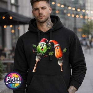 Sprout Carrot model Startled Brussels sprout and carrot wearing Santa hats perched on forks, printed on an Everyday Hoodie male model - Print Unleashed