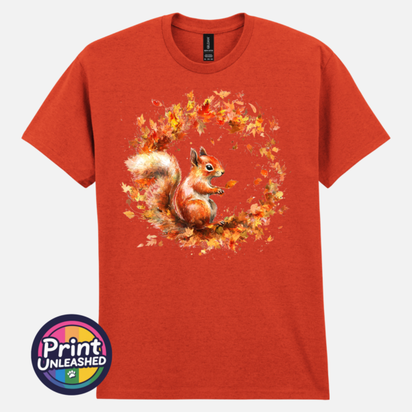 Squirrel ant ora Red squirrel with a sweeping bushy tail surrounded by a swirl of orange, red and golden autumn leaves printed on a unisex T-shirt antique orange - Print Unleashed