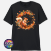 Red squirrel with a sweeping bushy tail surrounded by a swirl of orange, red and golden autumn leaves printed on a unisex T-shirt black - Print Unleashed