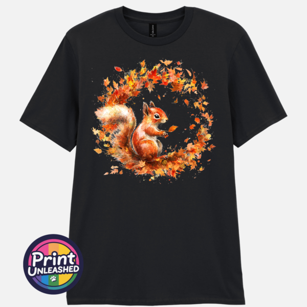 Squirrel black Red squirrel with a sweeping bushy tail surrounded by a swirl of orange, red and golden autumn leaves printed on a unisex T-shirt black - Print Unleashed