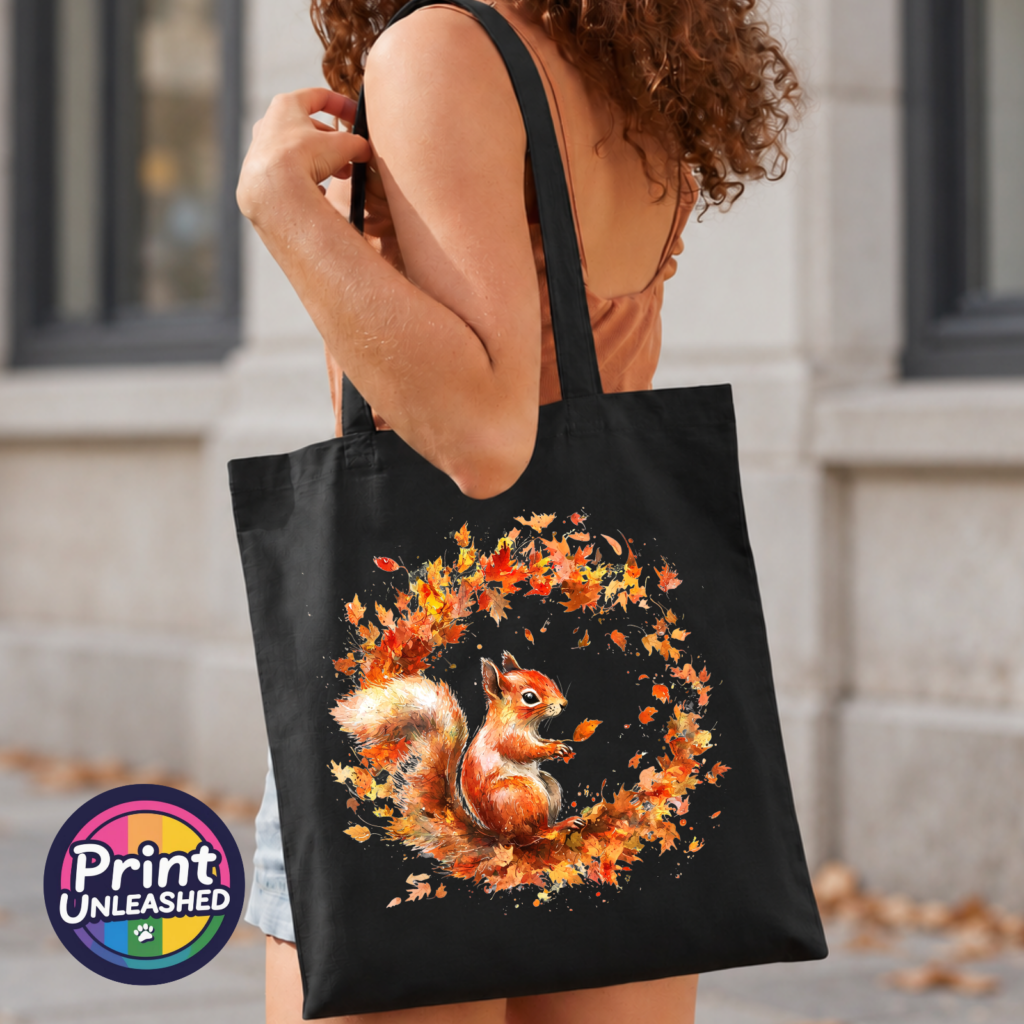 Red squirrel with a sweeping bushy tail surrounded by a swirl of orange, red and golden autumn leaves printed on a tote bag model - Print Unleashed