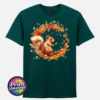 Red squirrel with a sweeping bushy tail surrounded by a swirl of orange, red and golden autumn leaves printed on a unisex T-shirt marine green - Print Unleashed