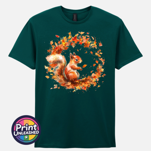 Squirrel marine Red squirrel with a sweeping bushy tail surrounded by a swirl of orange, red and golden autumn leaves printed on a unisex T-shirt marine green - Print Unleashed