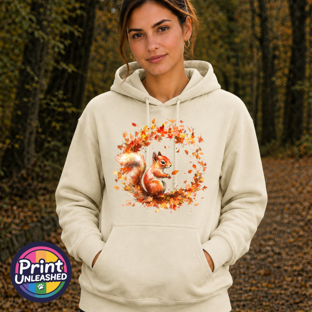 Red squirrel with a sweeping bushy tail surrounded by a swirl of orange, red and golden autumn leaves printed on a softstyle hoodie model - Print Unleashed