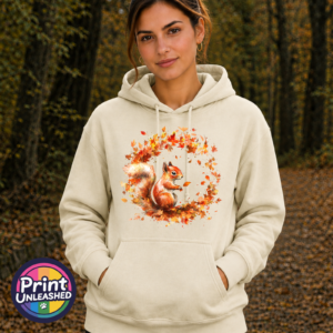 Red squirrel with a sweeping bushy tail surrounded by a swirl of orange, red and golden autumn leaves printed on a softstyle hoodie model - Print Unleashed