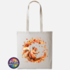 Red squirrel with a sweeping bushy tail surrounded by a swirl of orange, red and golden autumn leaves printed on a tote bag natural - Print Unleashed