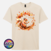 Red squirrel with a sweeping bushy tail surrounded by a swirl of orange, red and golden autumn leaves printed on a unisex T-shirt natural - Print Unleashed