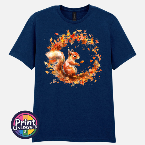 Squirrel navy Red squirrel with a sweeping bushy tail surrounded by a swirl of orange, red and golden autumn leaves printed on a unisex T-shirt navy - Print Unleashed