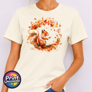 Red squirrel with a sweeping bushy tail surrounded by a swirl of orange, red and golden autumn leaves printed on a unisex T-shirt in off white model - Print Unleashed