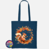 Red squirrel with a sweeping bushy tail surrounded by a swirl of orange, red and golden autumn leaves printed on a tote bag petrol - Print Unleashed