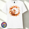 Red squirrel with a sweeping bushy tail surrounded by a swirl of orange, red and golden autumn leaves printed on a unisex T-shirt white - Print Unleashed