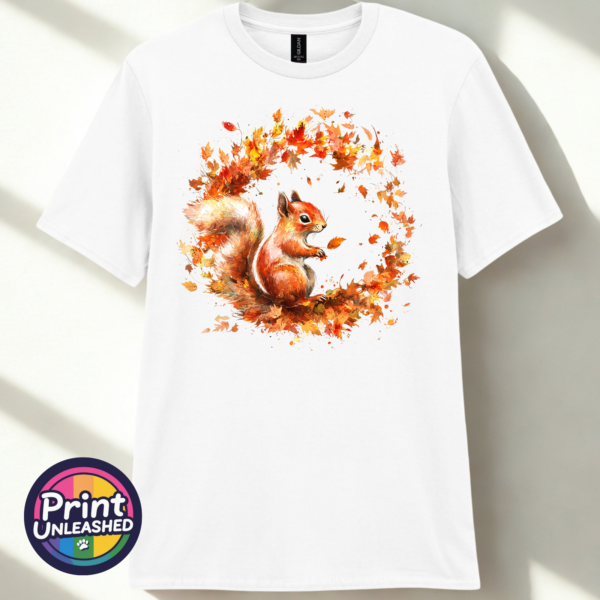 Squirrel white Red squirrel with a sweeping bushy tail surrounded by a swirl of orange, red and golden autumn leaves printed on a unisex T-shirt white - Print Unleashed