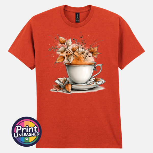Tea ant ora Teacup and saucer with copper and cream autumn leaves, berries and swirling orange steam printed on a unisex T-shirt in antique orange - Print Unleashed