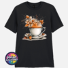 Teacup and saucer with copper and cream autumn leaves, berries and swirling orange steam printed on a black unisex T-shirt - Print Unleashed