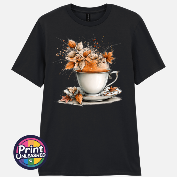 Tea black Teacup and saucer with copper and cream autumn leaves, berries and swirling orange steam printed on a black unisex T-shirt - Print Unleashed