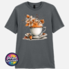 Teacup and saucer with copper and cream autumn leaves, berries and swirling orange steam printed on a charcoal unisex T-shirt - Print Unleashed