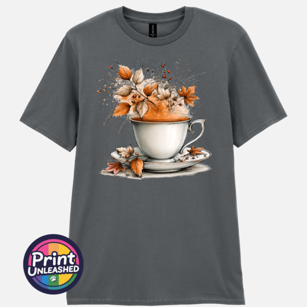 Tea char Teacup and saucer with copper and cream autumn leaves, berries and swirling orange steam printed on a charcoal unisex T-shirt - Print Unleashed