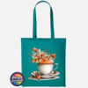Teacup and saucer with copper and cream autumn leaves, berries and swirling orange steam printed on a tote bag jade - Print Unleashed