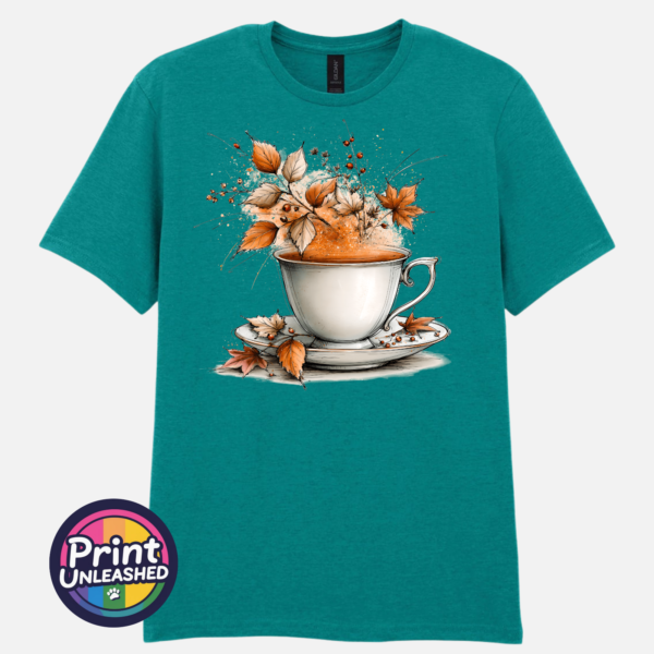 Tea jade Teacup and saucer with copper and cream autumn leaves, berries and swirling orange steam printed on a jade unisex T-shirt - Print Unleashed