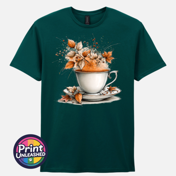 Tea marine Teacup and saucer with copper and cream autumn leaves, berries and swirling orange steam printed on a marine green unisex T-shirt - Print Unleashed