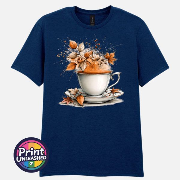 Tea navy Teacup and saucer with copper and cream autumn leaves, berries and swirling orange steam printed on a navy unisex T-shirt - Print Unleashed