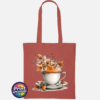 Teacup and saucer with copper and cream autumn leaves, berries and swirling orange steam printed on a tote bag orange rust - Print Unleashed