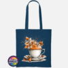 Teacup and saucer with copper and cream autumn leaves, berries and swirling orange steam printed on a tote bag petrol - Print Unleashed