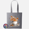 Teacup and saucer with copper and cream autumn leaves, berries and swirling orange steam printed on a tote bag slate - Print Unleashed