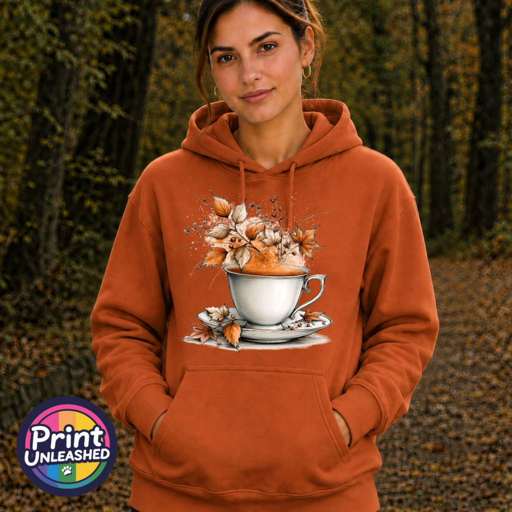 Teacup and saucer with copper and cream autumn leaves, berries and swirling orange steam printed on a softstyle hoodie in texas orange model - Print Unleashed