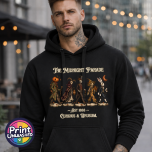 The Midnight Parade featuring a pumpkin-headed wanderer, horned masked figure, skeleton, scarecrow and rabbit with a crescent-moon balloon, printed on an Everyday Hoodie male model - Print Unleashed
