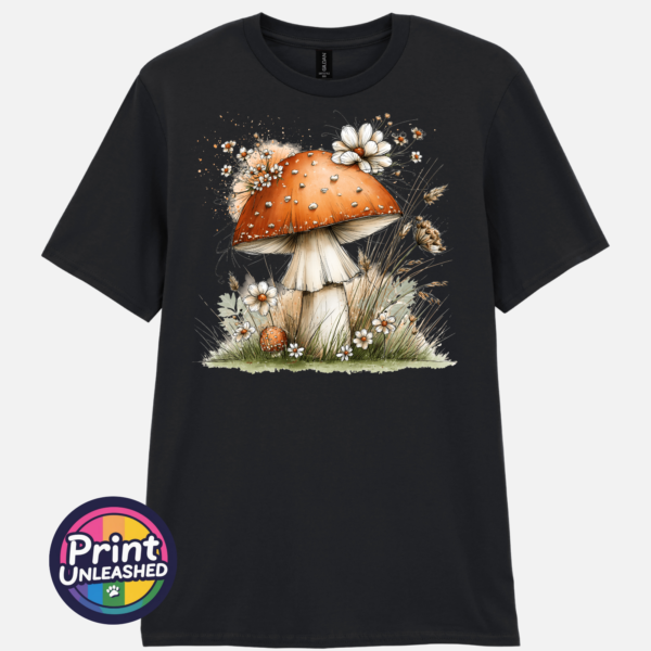 Toadstool black Copper-orange toadstool with white flowers and grasses on an off-white unisex T-shirt in black - Print Unleashed