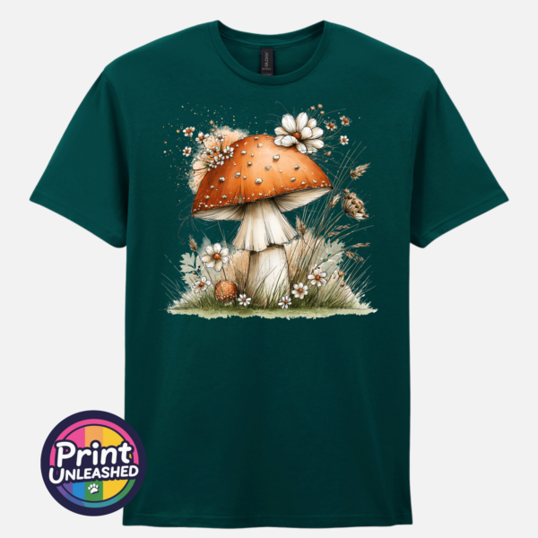 Toadstool marine Copper-orange toadstool with white flowers and grasses on an off-white unisex T-shirt marine - Print Unleashed