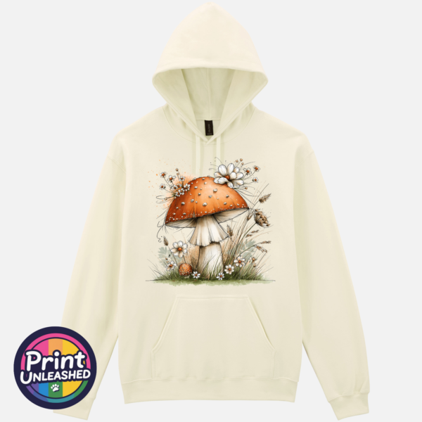Copper-orange toadstool with white flowers and grasses on a softstyle hoodie off white - Print Unleashed