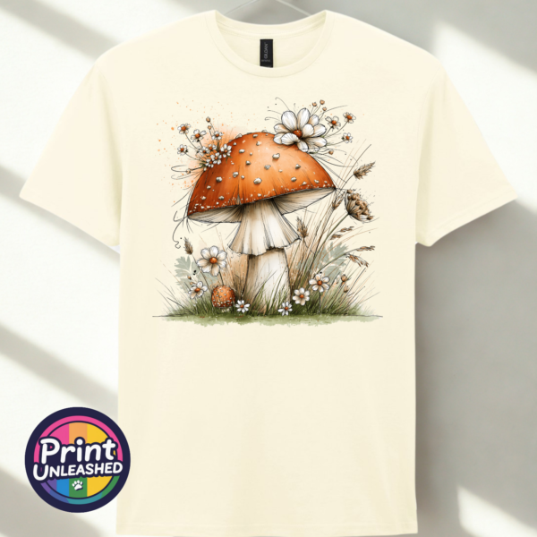 Toadstool off white Copper-orange toadstool with white flowers and grasses on an off-white unisex T-shirt off white - Print Unleashed