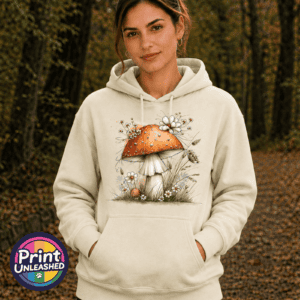 Copper-orange toadstool with white flowers and grasses on a softstyle hoodie off white - Print Unleashed