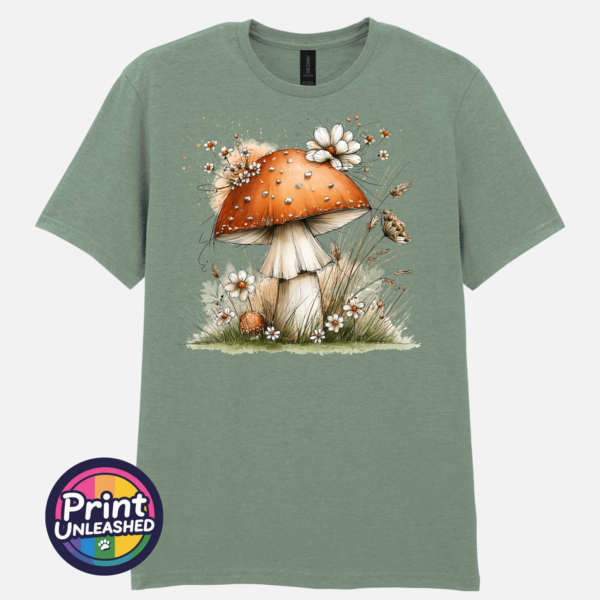 Toadstool sage Copper-orange toadstool with white flowers and grasses on an off-white unisex T-shirt sage - Print Unleashed