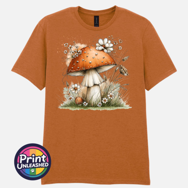 Toadstool tex ora Copper-orange toadstool with white flowers and grasses on an off-white unisex T-shirt texas orange - Print Unleashed