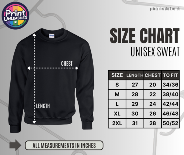 Unisex sweatshirt size guide