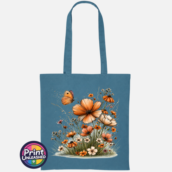 Copper, peach and cream wildflowers with delicate grasses and an orange butterfly printed on a tote bag airforce blue - Print Unleashed