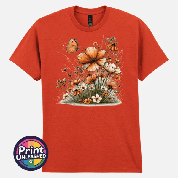 Wildflowers ant ora Copper, peach and cream wildflowers with delicate grasses and an orange butterfly printed on a unisex T-shirt antique orange - Print Unleashed