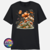 Copper, peach and cream wildflowers with delicate grasses and an orange butterfly printed on a black unisex T-shirt - Print Unleashed