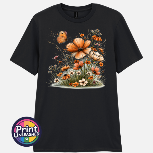 Wildflowers black Copper, peach and cream wildflowers with delicate grasses and an orange butterfly printed on a black unisex T-shirt - Print Unleashed