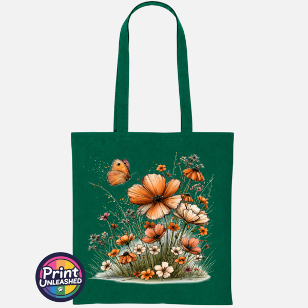 Copper, peach and cream wildflowers with delicate grasses and an orange butterfly printed on a tote bag bottle green - Print Unleashed