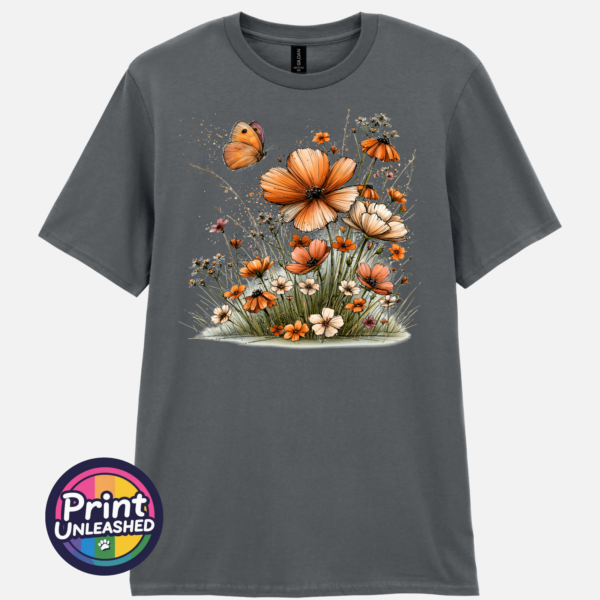 Wildflowers char Copper, peach and cream wildflowers with delicate grasses and an orange butterfly printed on a charcoal unisex T-shirt - Print Unleashed