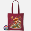 Copper, peach and cream wildflowers with delicate grasses and an orange butterfly printed on a tote bag deep red - Print Unleashed